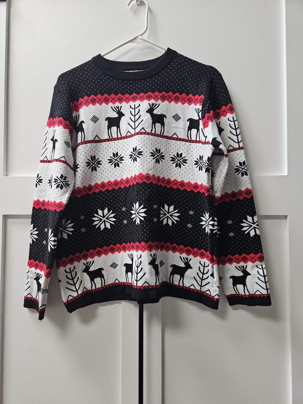 Unisex Crewneck Holiday Sweater in Black, White & Red